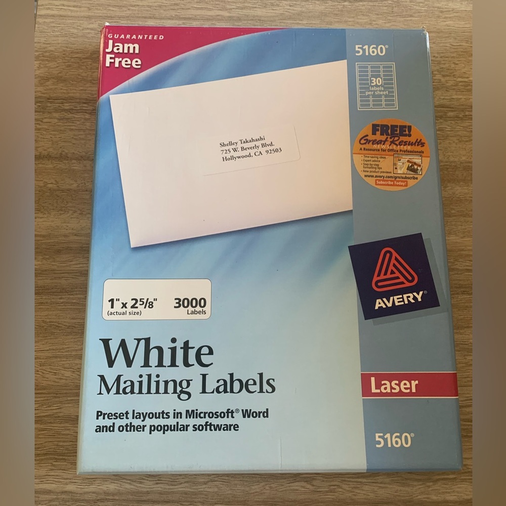 NWT Avery 5160 Laser White Mailing Labels 1” X 2 5/8” 3000 Labels
